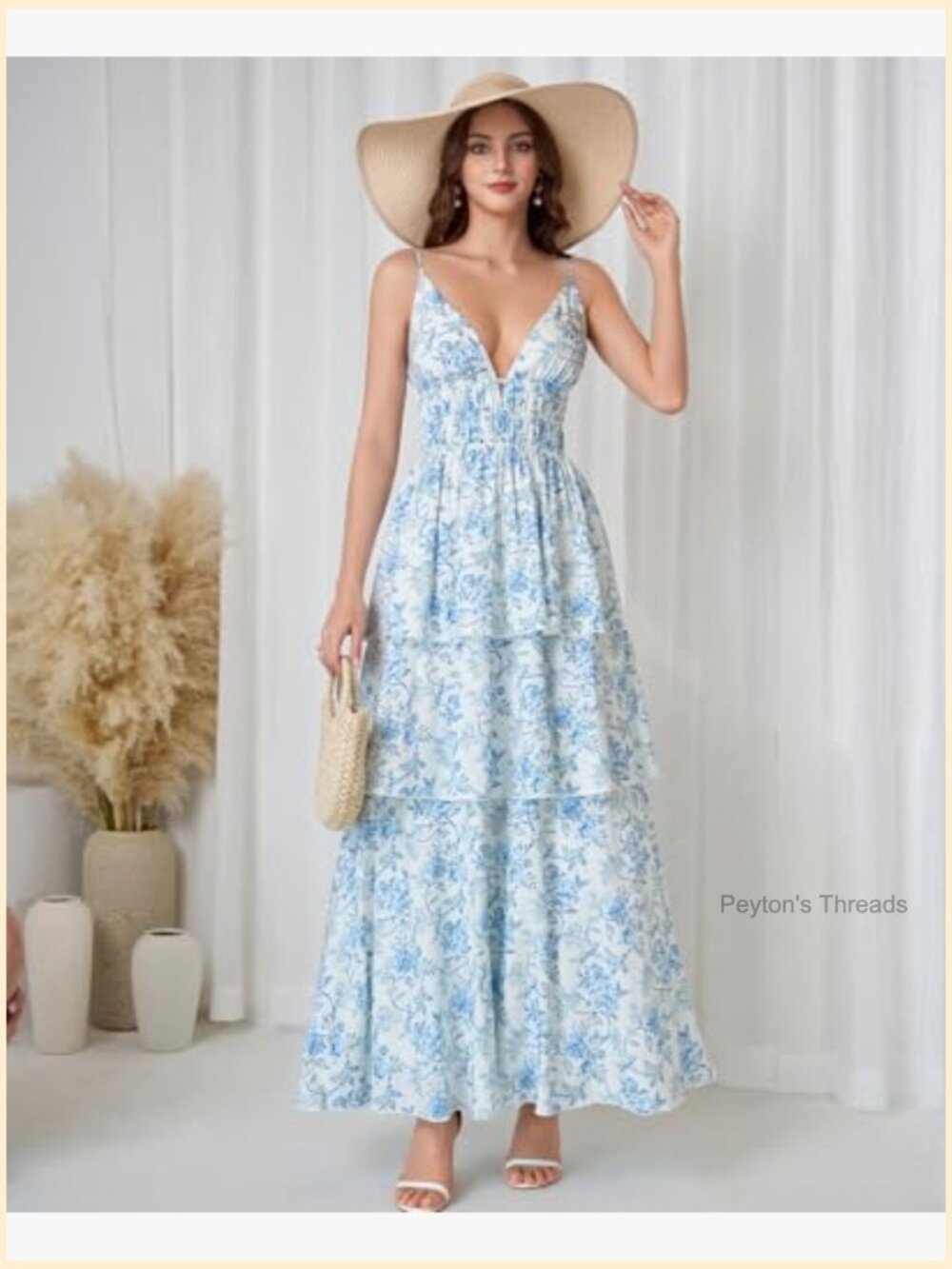 Spaghetti Strap Floral Flowy Maxi Dress for Women Wedding Guest Vacation Beach - Picture 5 of 6